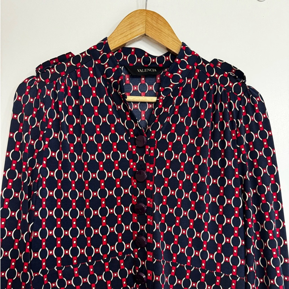 Valencia Dark Academia Retro Midi Dress Navy Red Geometric Chain Print - Picture 3 of 13